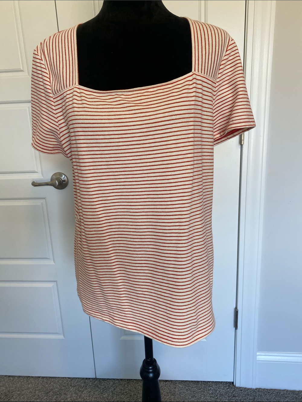 Women's Short Sleeve Square Neck Striped Top - Cream & Dark Orange w/gold strip
